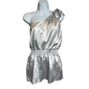 VTG Y2K VIXEN Women's Silver One Shoulder Satin Blouse Sz M Britney Era Pop-Star